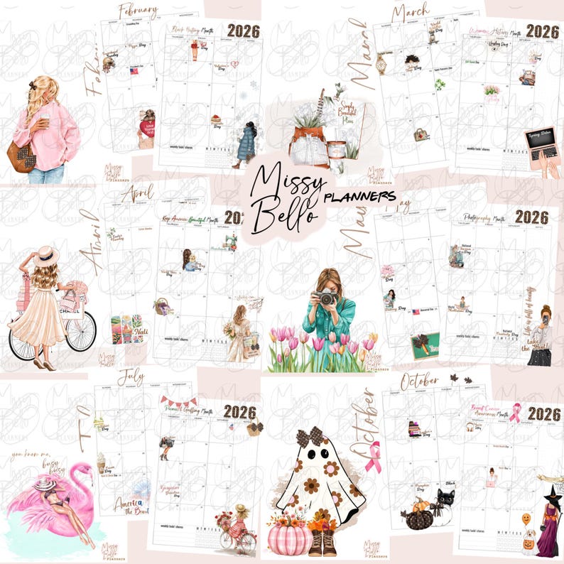 Op de afbeelding: Een verzameling maandelijkse plannerpagina's voor 2026 met aquarel illustraties. Elke maand heeft een ander thema, waaronder mode, fotografie en seizoensgebonden elementen. Het logo "Missy Bello Planners" is zichtbaar.
