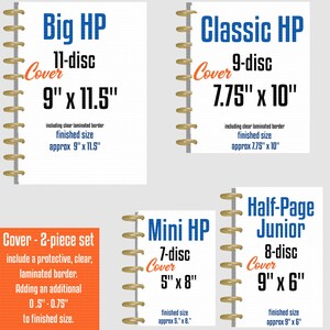 Puede incluir: Cuatro cubiertas blancas para cuaderno de discos etiquetadas Big HP 11 discos 22,86x29,21 cm, Classic HP 9 discos 19,68x25,4 cm, Mini HP 7 discos 12,7x20,32 cm y Half-Page Junior 8 discos 22,86x15,24 cm con bordes laminados transparentes.