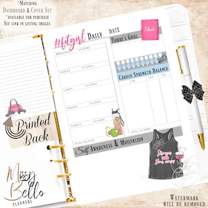 May include: A daily fitness planner page featuring sections for meals, calories, water intake, and exercise tracking. The layout includes illustrations of a gym bag, water bottle, avocado, apple, and a tank top with the text Stronger Than Your Excuses.