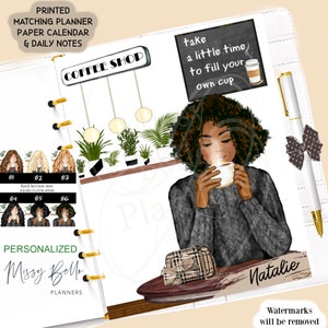 May include: A black and white illustration of a woman sitting in a coffee shop, holding a cup of coffee. The text "take a little time to fill your own cup" is written on a chalkboard behind her. The image is part of a planner set with the text "Missy Belle Planners" and "Coffee Shop" on the page.