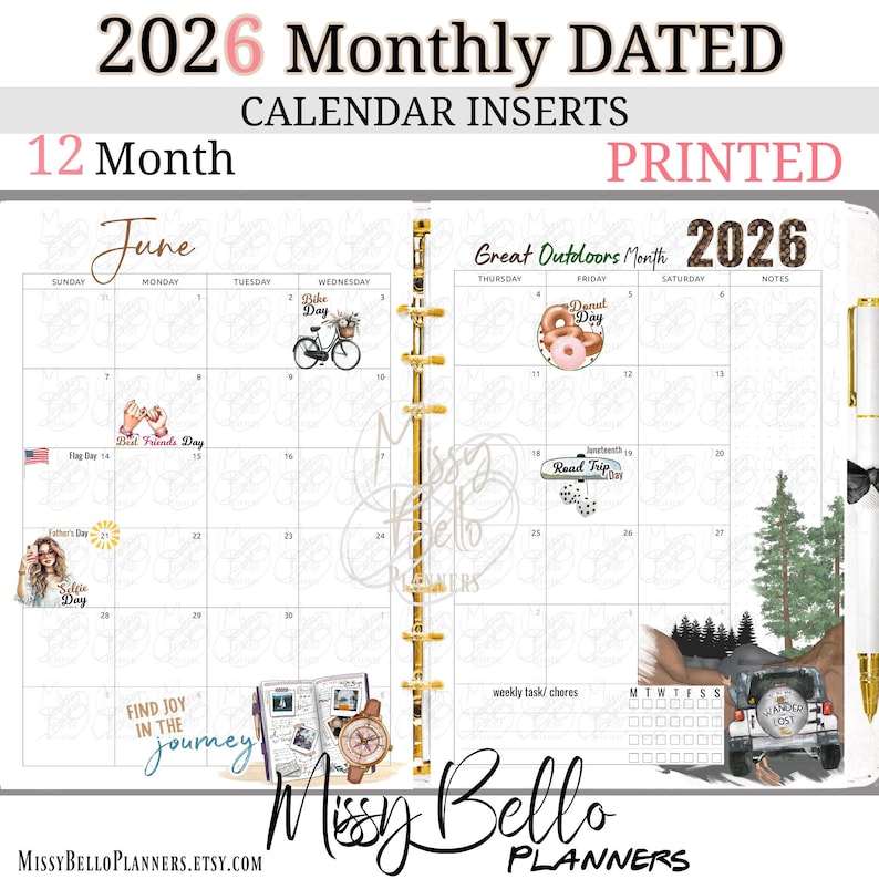 Op de afbeelding: Een gedrukte, maandelijks gedateerde kalenderinzet voor 2026 met een witte achtergrond. De kalender bevat de maand juni, met decoratieve illustraties voor feestdagen zoals Bike Day en Donut Day. De tekst "Find Joy in the Journey" is ook opgenomen.