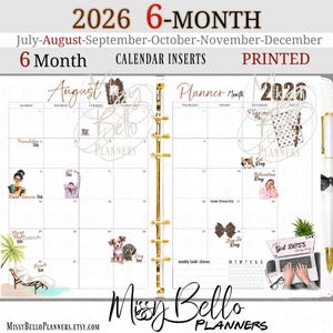 May include: A printed 6-month calendar insert for 2026, featuring the months of July through December. The planner includes decorative stickers and a weekly task section. The calendar is designed with a gold binding.