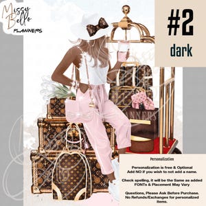 May include: A digital illustration of a figure wearing a white hat with a brown patterned bow, a white top, and light pink trousers. The figure holds a pink cup and a pink cat-shaped bag, standing beside stacked brown patterned luggage.