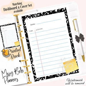 May include: A black and white planner page with a notebook paper design. The page has a section for the date, time, and activity. The page is part of a matching dashboard and cover set.