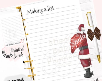 PRINTED Christmas Santa's gift list Paper, Planner Insert Pages , A5, Refill, Happy Planner, PM, MM, Note, Planner Insert, Personal Size, A6