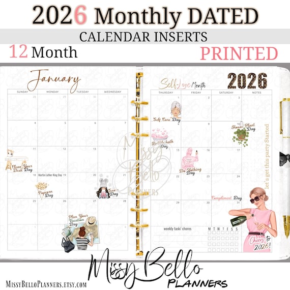 PRINTED 2026 Dated Calendar, Unique Signature Style, 12 Month inserts ready to add to Y0UR Planner & Agendas PM, A5, MM/Personal, Disc Style
