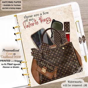 May include: A planner dashboard insert featuring the text these are a few of my favorite things. The illustration displays a brown patterned handbag with a bow, a smartphone, sunglasses, a small wallet labeled Ana Delia, and a lipstick.