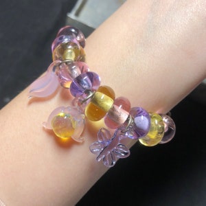 Handmade blowing glass "My Little Pony" bracelet, cartoon my little pony floating glass, DIY pony jewelry, Pandora style bracelet.