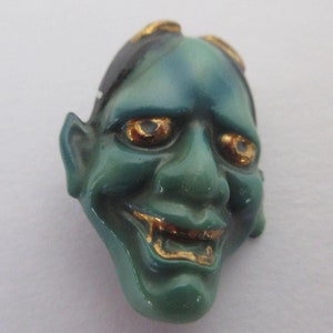 Arita Japanese Porcelain Button-J137-Toshikane Hannya Tie Tack Dark Green Faced Female Demon Mask for Noh Play Button-BROKEN EAR