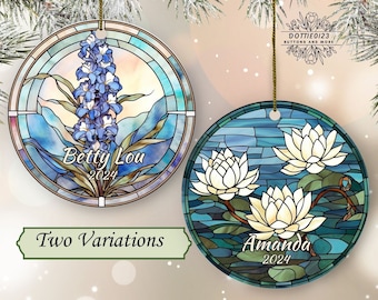 July Birth Flower Ornament-Ceramic faux stained glass Christmas Decor-July Birthday-Personalized July Birth Month Gift-Larkspur-Water Lily