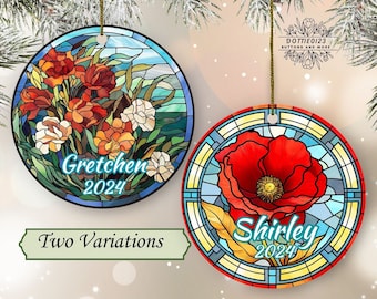 August Birth Flower Ornament-Ceramic faux stained glass Christmas Decor-August Birthday-Personalized August Birth Month Gift-Gladiolus-Poppy