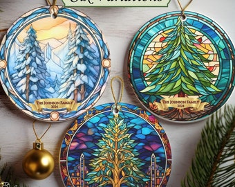 Christmas Tree Ornament-Personalized Christmas Ornaments-Custom Christmas gift-Ceramic Stained Glass Look Ornament-Christmas Trees-Name Date