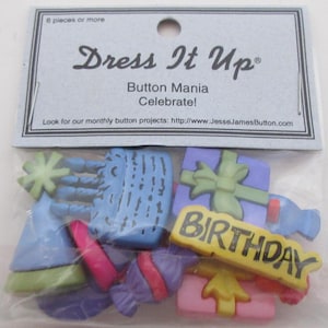 May include: A package of colorful plastic buttons with a birthday theme. The buttons feature images of presents, candles, and a banner that says "BIRTHDAY".