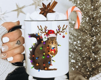 Squirrel Lover Christmas Mug, Squirrel with Holiday Lights Mug, Coffee cup, hot chocolate, mug gift, hot cocoa, hot tea, Animal Lover