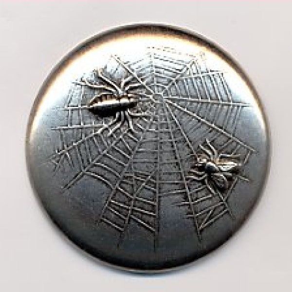 Susan Clarke Originals Stamped Metal Button of a Spider and a Fly on Spider Web, SC819, Antique Silver Finish, Large Button, button, buttons