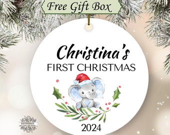 Baby's First Christmas Ornament-Custom Ornament-Elephant-Santa Hat-Holly Ornament-Personalized 1st Christmas Keepsake-Baby 1st Christmas