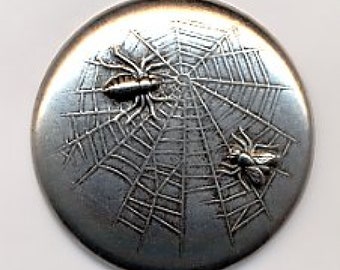Susan Clarke Originals Stamped Metal Button of a Spider and a Fly on Spider Web, SC819, Antique Silver Finish, Large Button, button, buttons