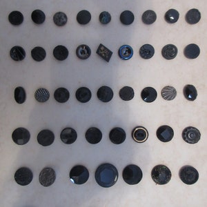 Tray of 59 BLACK GLASS BUTTONS - assorted sizes and shapes, T31, Button, buttons, assorted shapes shanks, button tray, black glass, flowers