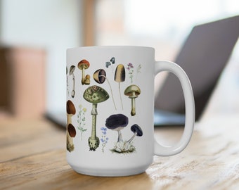 Mushroom Mug, Coffee Cup, Wild Mushrooms, wild flowers, coffee mug, coffee lover, mushroom lover, hot tea cup, hot chocolate mug