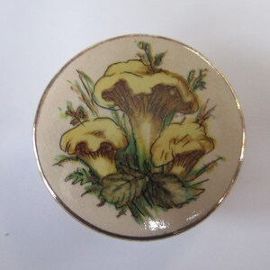 May include: A round, cream-colored decorative knob featuring a detailed illustration of three yellow chanterelle mushrooms with green foliage. The circular piece has a smooth, glossy finish and a metallic gold-toned rim around the edge.