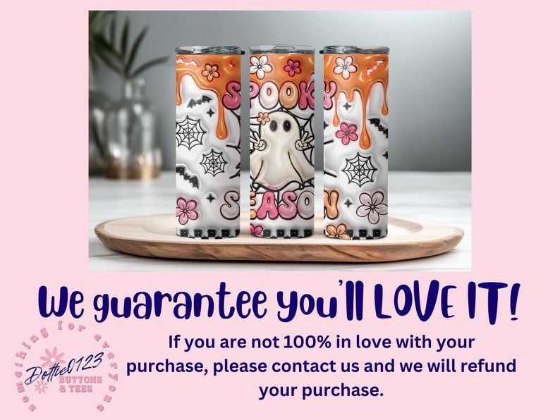 May include: Three white tumblers with a black and white spooky season design. The tumblers have orange dripping paint and a ghost with the words "Spooky Season" on them.