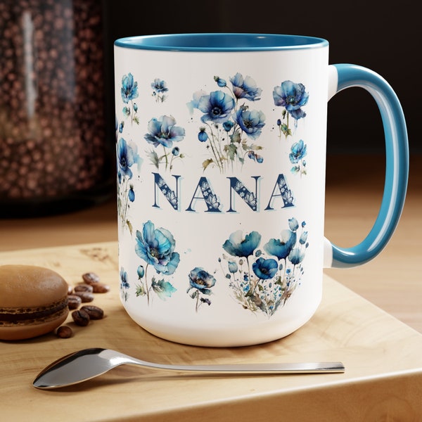 NANA  Coffee Mug, Botanical, Gift for Her, Mother's Day Gift, Birthday Christmas Gift, new NANA Gift, Blue Two-Tone Floral Mug, Grandmother