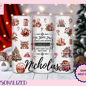 CHRISTMAS TUMBLER, Holiday Gift Travel Cup, Personalized Christmas Water Bottle, Custom Christmas To Go Cup, Candy Cane Shoppe Travel Mug