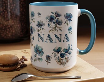 NANA  Coffee Mug, Botanical, Gift for Her, Mother's Day Gift, Birthday Christmas Gift, new NANA Gift, Blue Two-Tone Floral Mug