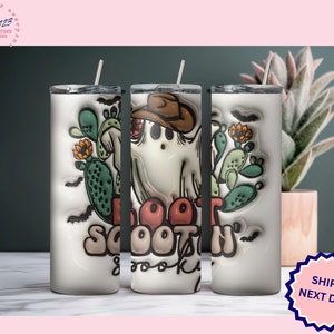 HALLOWEEN TUMBLER, Fall Gift for her, 20 oz Water Bottle, Ghost, Western Hat, Western Ghost Cup, Boot Scootin Spooky Ghost Tumbler, Cactus