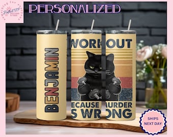 WORKOUT TUMBLER, Black Cat To Go Cup, Exercise Water Bottle, Custom Gym Tumbler, Personalized Gym Cup, Funny Workout Travel Cup, 20 oz