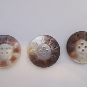 May include: Three round, white mother-of-pearl buttons with a brown, marbled design. Each button has five holes and a carved floral pattern.