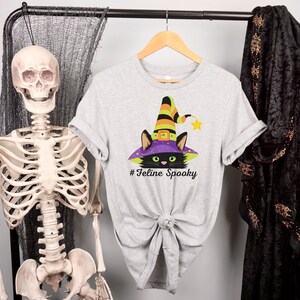 Women&#39;s Halloween t-shirt, Spooky Feline with Witch Hat, Cat, cute shirt for Halloween, Fall T-Shirt, spooky funny mom halloween shirt