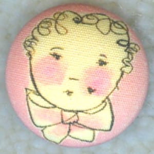 Lilac Bow Yoke Fabric Covered Button of a Child on Pink Background with Rosy Cheeks from the 1990s - LY32  button, buttons, button gift