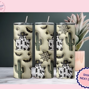 HALLOWEEN TUMBLER, Fall Gift for her, 20 oz Water Bottle, Ghost and Cactus Western Tumbler, Western Ghost Cup, Cactus, Ghost with Cowboy Hat