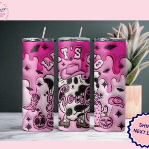 HALLOWEEN TUMBLER, Fall Gift for her, 20 oz Water Bottle, Pink Ghost Western Tumbler, Western Cow Ghost Cup, Let&#39;s Go Ghouls, Cowboy Ghost