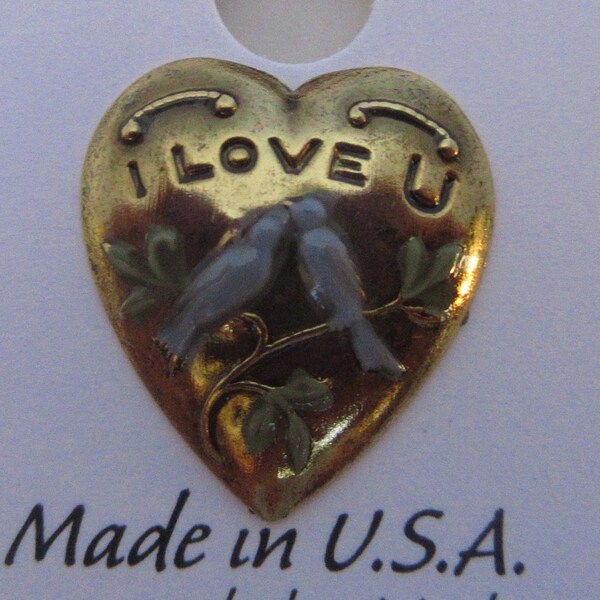 Susan Clarke Originals Hand Painted Metal Button of two Delightful Blue Birds, SC197, under the words "I Love U", Button, stamped metal