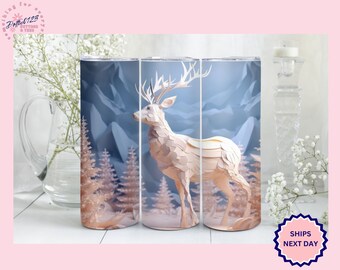 CHRISTMAS TUMBLER, Reindeer 3d Water Bottle, Deer To Go Cup, Winter Travel Cup, Hunting Water Bottle, 20 oz skinny tumbler, Winter Scene Mug