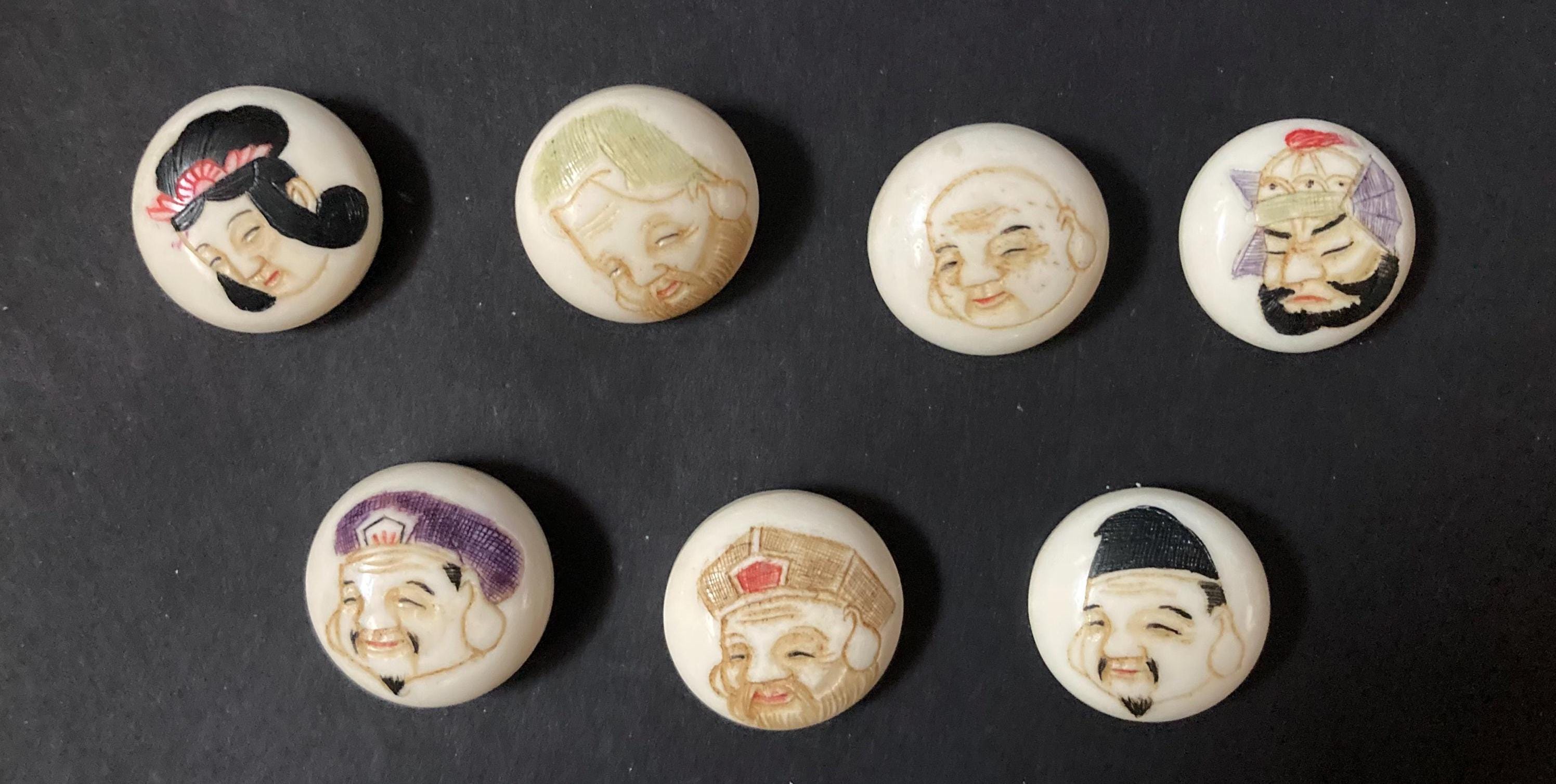 Japanese Gods of Fortune Buttons-set of 7 Carved Bovine Buttons