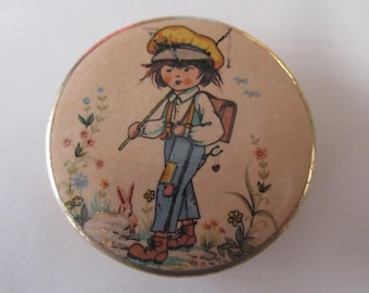 Boy going Fishing Satsuma Porcelain Button-J159-Stella Rzanski's-2008-Stylized Young Boy with pole "goin fishin"-Gold Accents-buttonologist