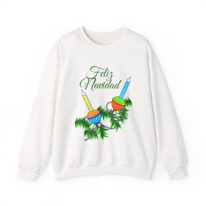Nostalgic Christmas Sweatshirt with wishes for FELIZ NAVIDAD, Bubble lights Tree Decorations, Seasonal Sweatshirt, Christmas Sweatshirt
