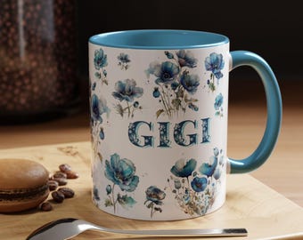 GiGi Two-Tone Coffee Mug, Botanical, Gift for Her, Mother's Day Gift, Birthday Christmas Gift, new Grandmother Gift, Blue Floral Mug, GIGI