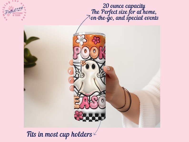 May include: A white ghost with black eyes and a pink mouth on a 20 ounce tumbler. The tumbler has a black and white checkered pattern at the bottom and a pink, orange, and white design with the words "POOK EASO" on the rest of the tumbler.