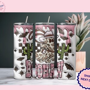 HALLOWEEN TUMBLER, BOOHAW Cowboy Ghost and Cactus Tumbler, Checkerboard Rodeo Tumbler, Fall Gift for her, 20 oz Water Bottle, Cowboy Ghost