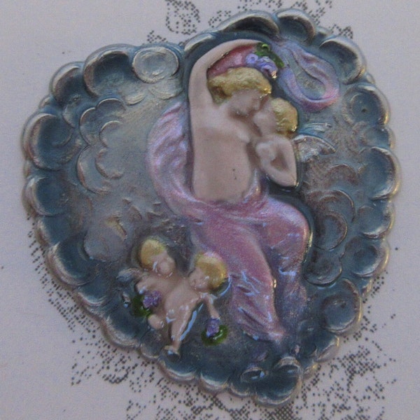 Susan Clarke Originals Hand Painted Metal Button of a Large Heart with Lady and Cherubs, SC851, button, buttons, stamped metal