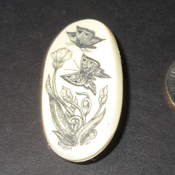 Scrimshaw Button, Resin Button, TL79, "Butterflies", Signed Studio Button by K McClelland, Button, Buttonologist, Button Collector, Insect