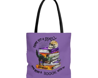 HALLOWEEN TOTE BAG, Trick or Treat Bag, Come Sit a Spell, Read a Boook with Me, Librarian, Teacher gift, Mom reading Stories, Halloween Bag