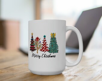 Christmas White Ceramic Mug, Christmas Trees Mug, Holiday Mug, Merry Christmas, Christmas Gift, Coffee Cup, Hot Chocolate