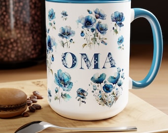 OMA Two-Tone Coffee Mug, Botanical, Gift for Her, Mother's Day Gift, Birthday Christmas Gift, new OMA Gift, Blue Floral Mug, Gift for OMA