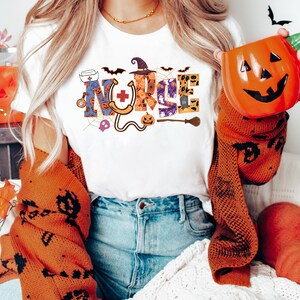 Halloween Nurse Shirt, cute shirt for Halloween, Fall T-Shirt, Nurse Gift, Stethoscope, halloween caregiver shirt, nurse&#39;s hat, witch&#39;s hat