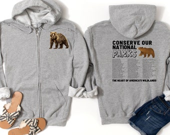 National Park Zippered Hoodie, Unisex Heavy Blend Full Zip Hooded Sweatshirt, Conserve our National Parks, Front-Back print, Grizzly Bear